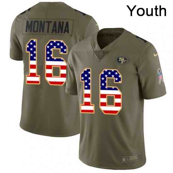Youth Nike San Francisco 49ers 16 Joe Montana Limited OliveUSA Flag 2017 Salute to Service NFL Jersey